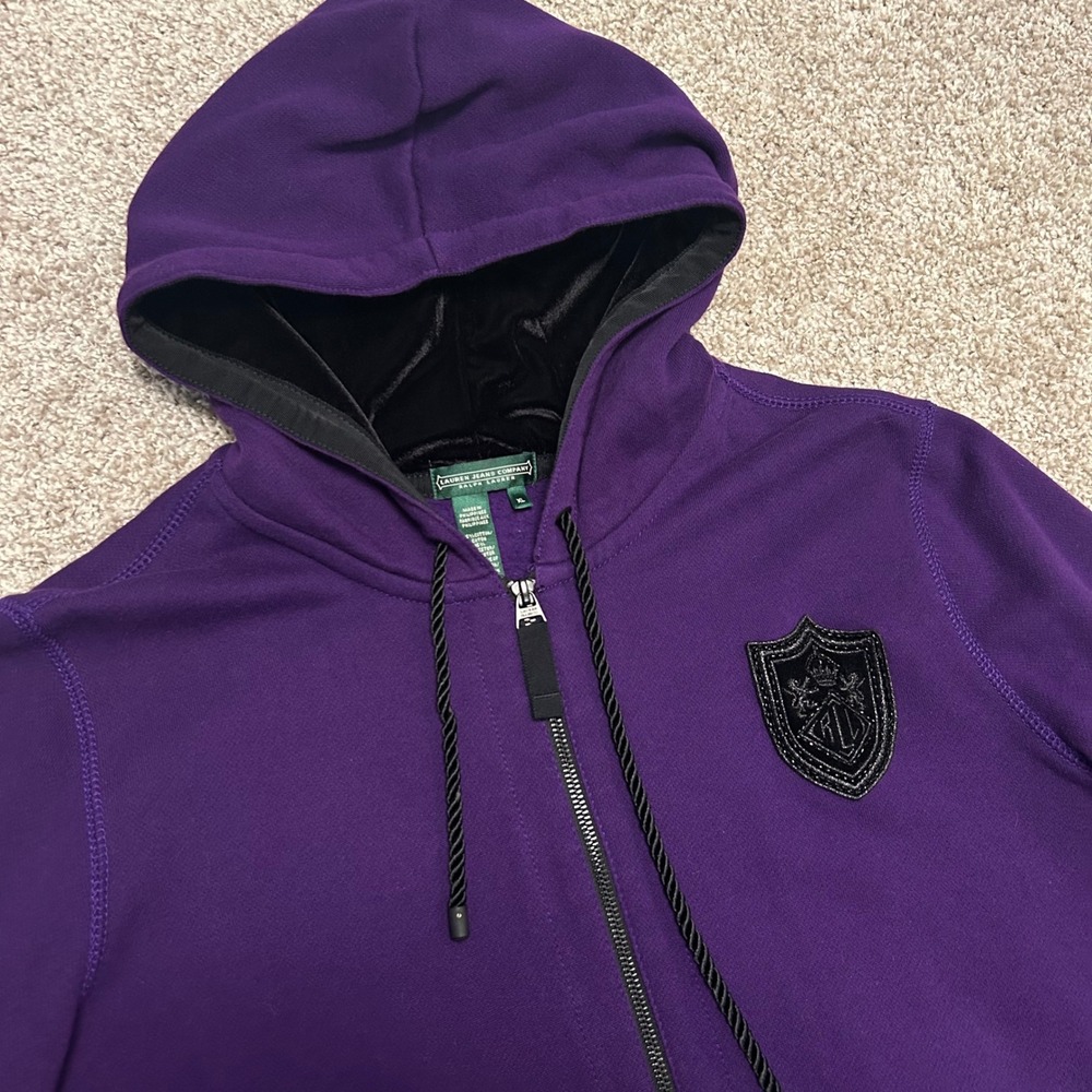Lauren Ralph Lauren Full Zip Hoodie Women Size XL Purple Velour Hood Lauren Jean